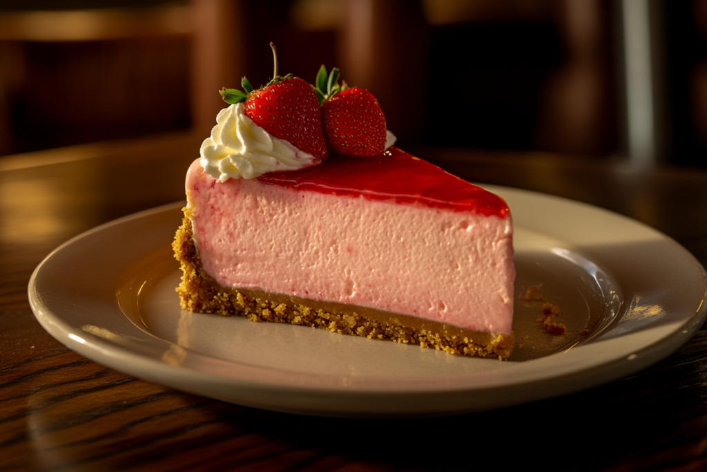 A slice of strawberry cheesecake with a creamy filling, fresh strawberry topping, and a golden graham cracker crust, showcasing its indulgent texture and flavor