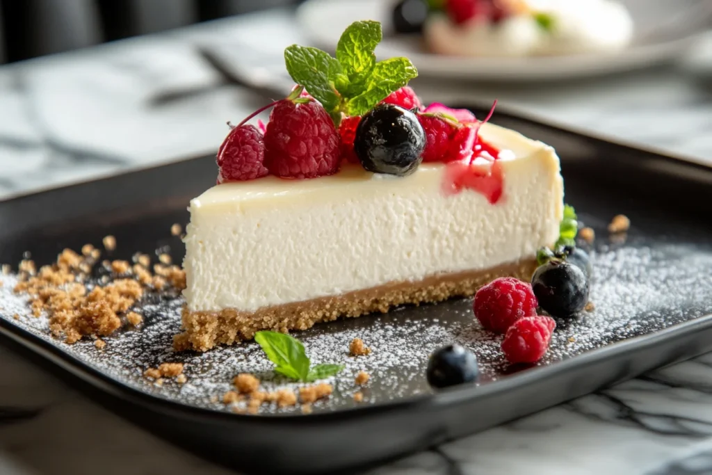 A slice of creamy New York-style cheesecake on a plate. What Is Unique About Cheesecake?