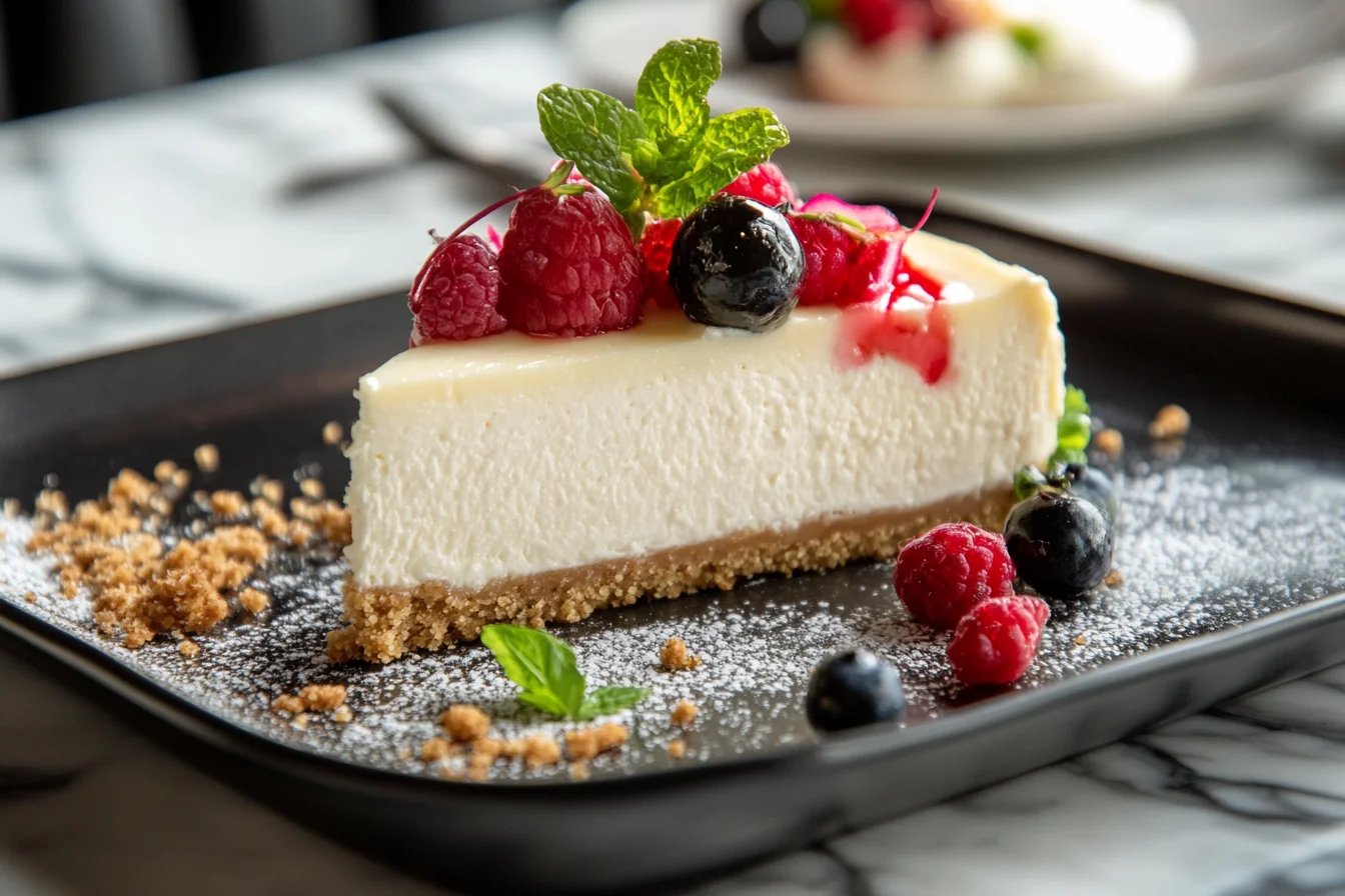 A slice of creamy New York-style cheesecake on a plate. What Is Unique About Cheesecake?