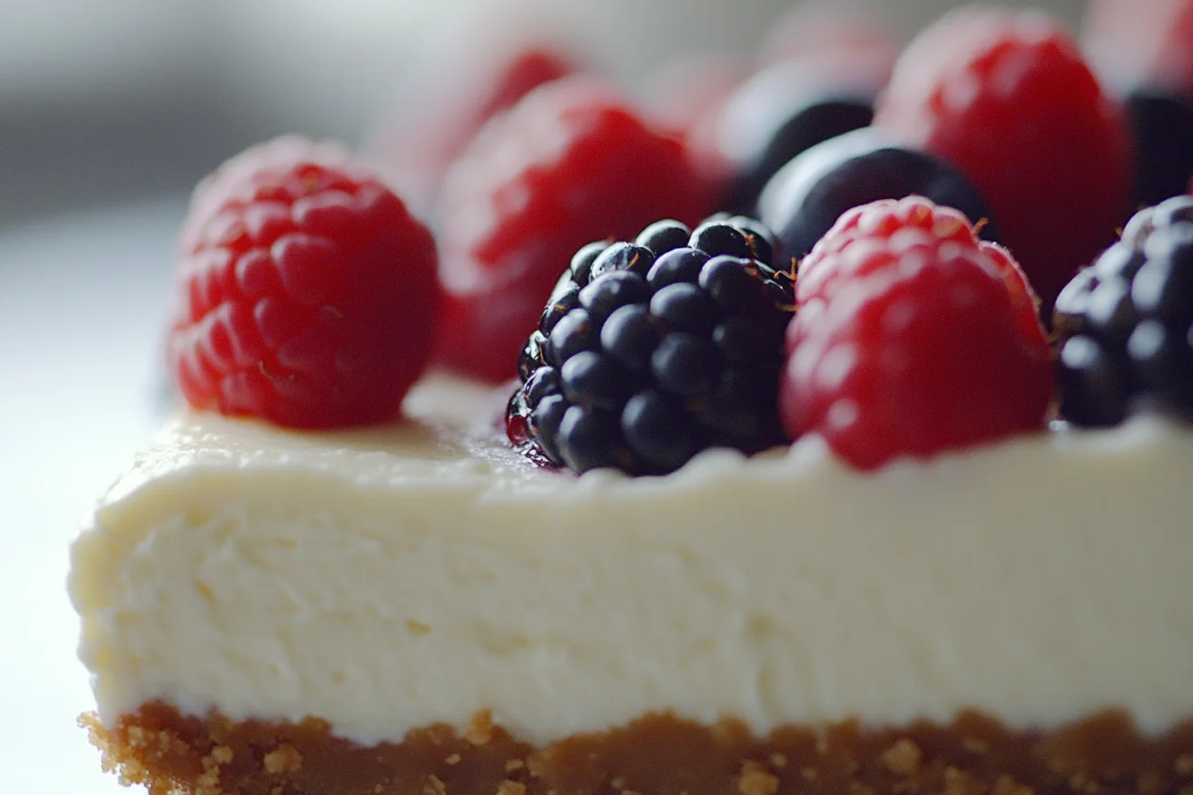 A slice of classic cheesecake with fresh berries on a white plate. Why Is Cheesecake Popular?