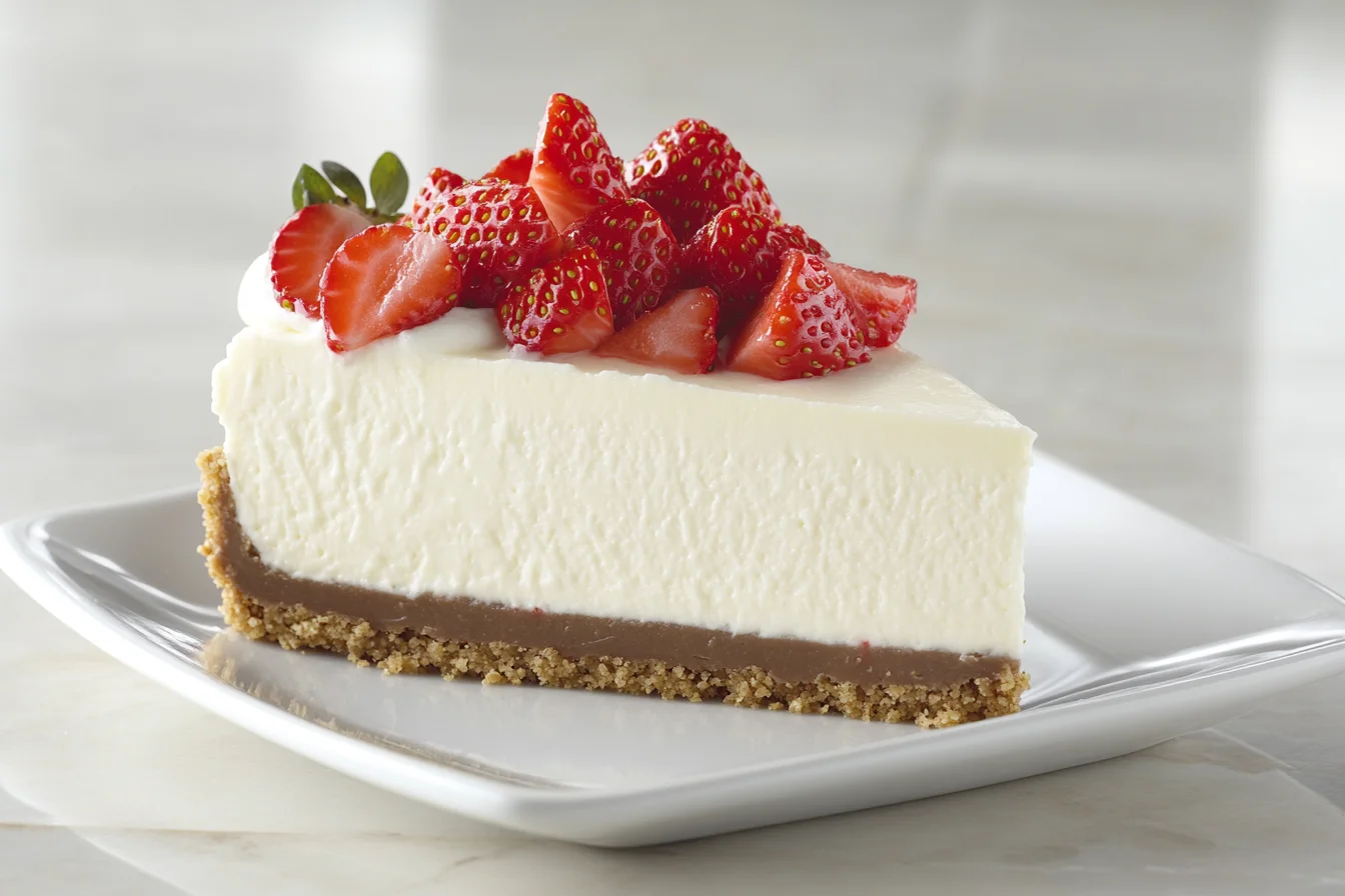 Slice of strawberry cheesecake with fresh strawberries on top. Does Strawberry Cheesecake Have Protein?