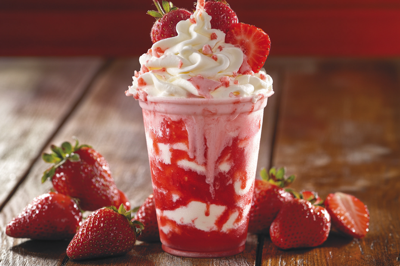 A creamy strawberry cheesecake shake topped with whipped cream and fresh strawberries