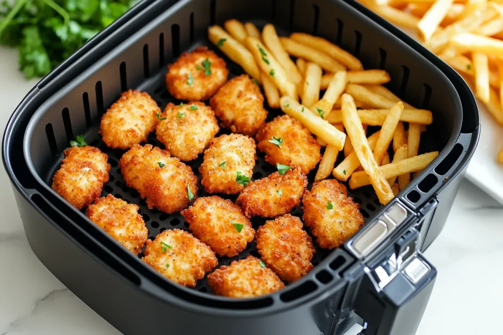 Chicken nuggets and fries cooked together in an air fryer basket. Can You Cook Chicken Nuggets and Fries in the Air Fryer at the Same Time?