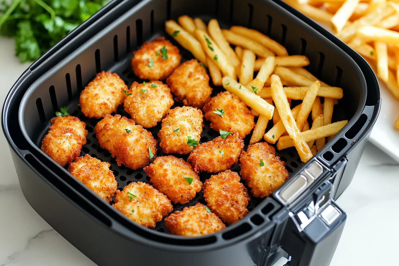 Chicken nuggets and fries cooked together in an air fryer basket. Can You Cook Chicken Nuggets and Fries in the Air Fryer at the Same Time?