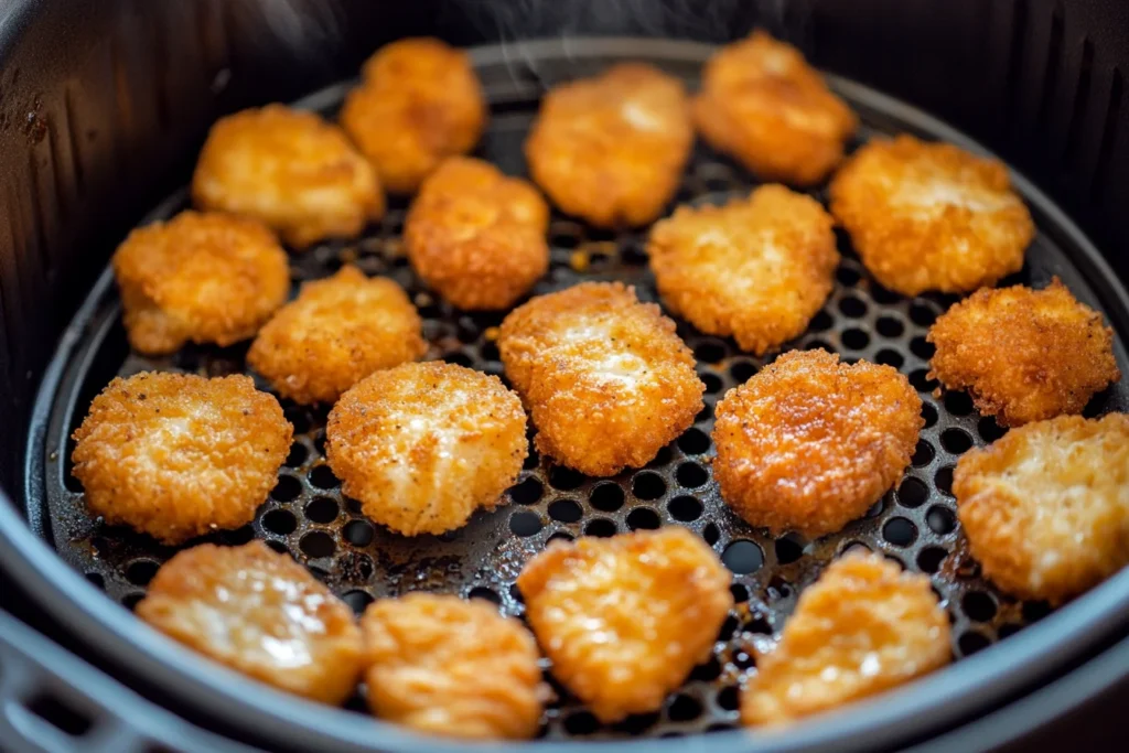 Frozen chicken nuggets in an air fryer basket, crispy and ready to serve. Frozen Chicken Nuggets Air Fryer