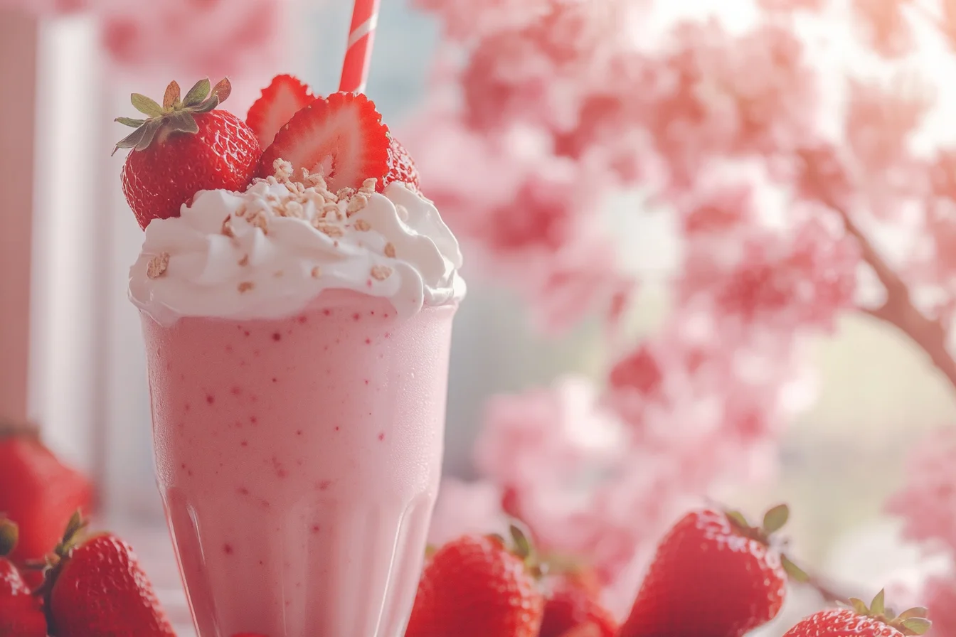 A healthy strawberry shake in a glass with fresh strawberries on the side. Are Strawberry Shakes Healthy