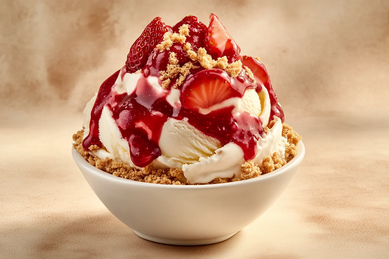 A bowl of creamy cheesecake ice cream topped with fresh strawberries, graham cracker crumbs, and a drizzle of strawberry sauce, showcasing its rich and indulgent texture. Does Cheesecake Ice Cream Exist?