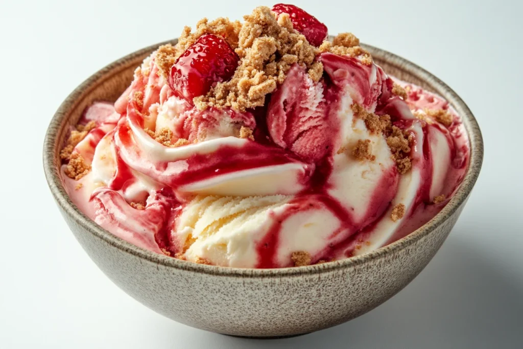 A bowl of strawberry cheesecake ice cream with swirls of strawberry puree, chunks of cheesecake, and graham cracker crumbs, creating a creamy and indulgent treat