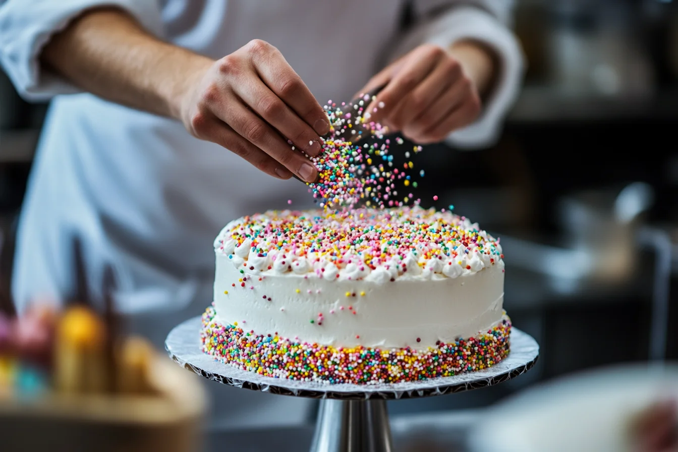 Pastry chef decorating a cake with sprinkles. What's the Dessert Chef Called?