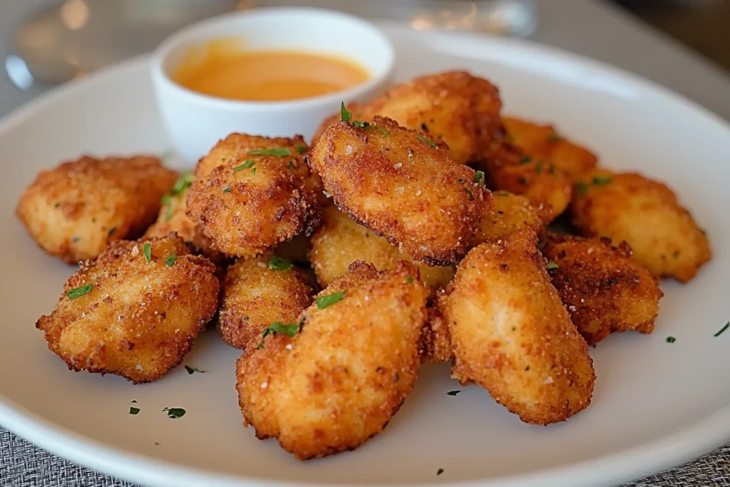Golden crispy chicken nuggets in an air fryer basket. Chicken Nuggets Air Fryer Recipe