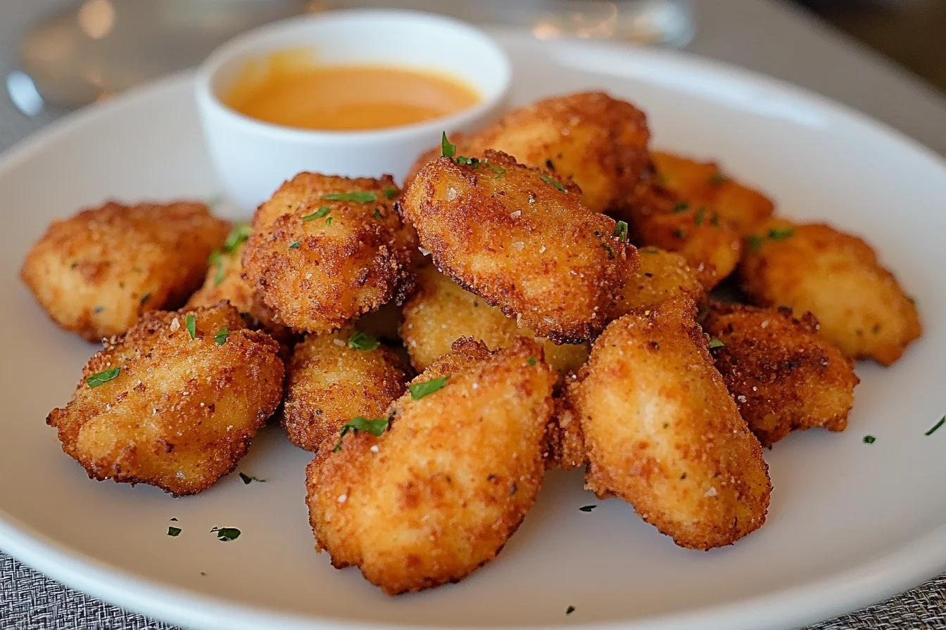 Golden crispy chicken nuggets in an air fryer basket. Chicken Nuggets Air Fryer Recipe