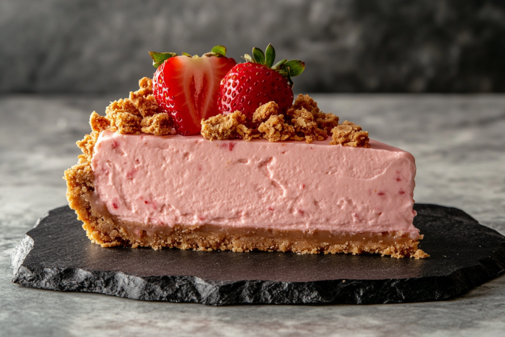 A slice of strawberry crunch cheesecake with a graham cracker crust