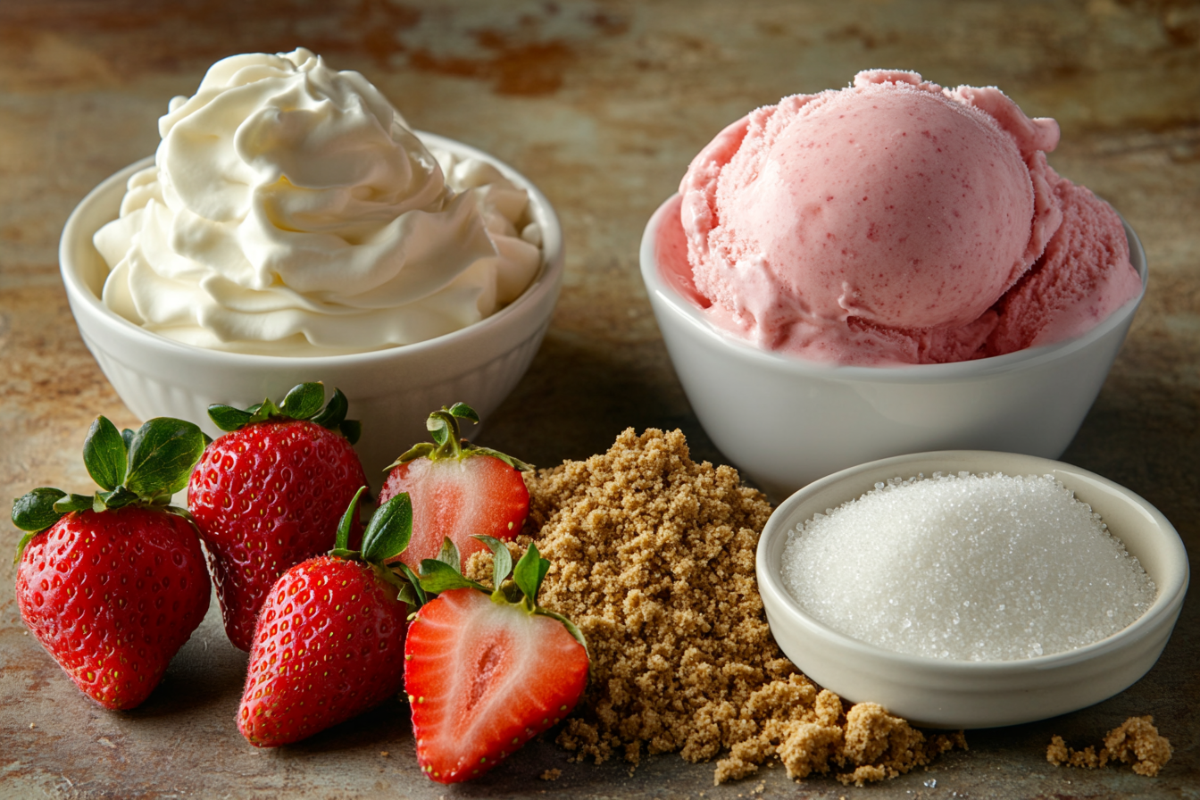 Ingredients for strawberry cheesecake ice cream, including fresh strawberries, cream cheese, heavy cream, graham cracker crumbs, and sugar, arranged on a rustic countertop