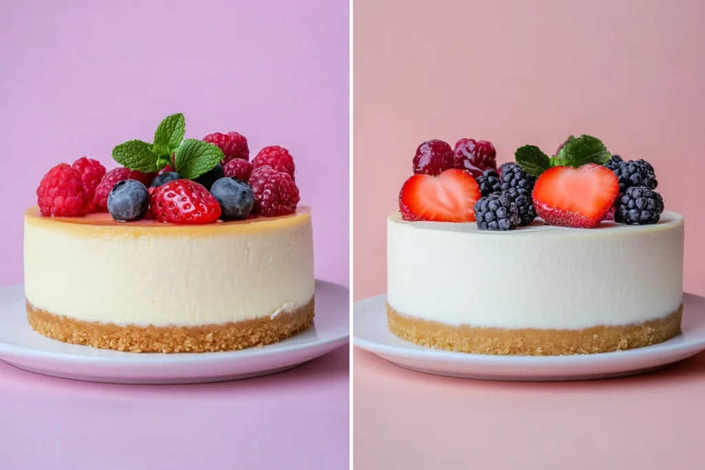 Side-by-side comparison of a baked cheesecake with a golden crust and an unbaked cheesecake with a creamy, smooth finish, both topped with fresh fruit. Is cheesecake better baked or unbaked?