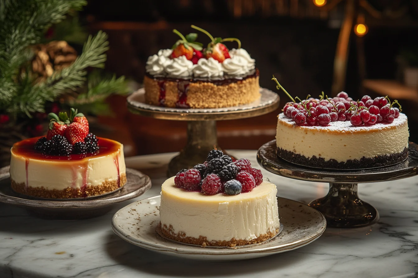 Three types of cheesecake: a classic baked cheesecake, a no-bake cheesecake, and a New York-style cheesecake, each presented on elegant plates