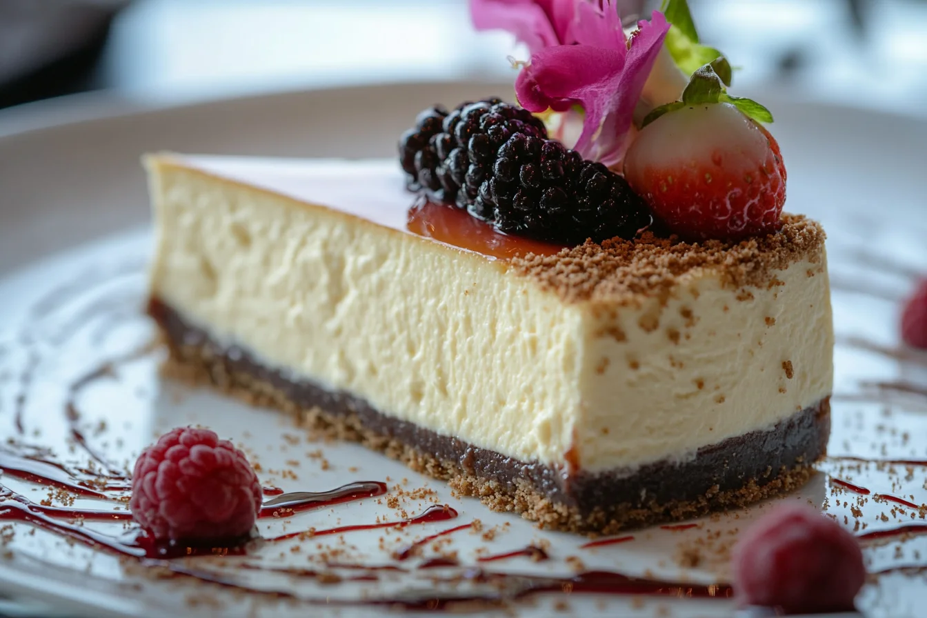 New York style cheesecake with a rich, creamy slice served on a white plate. What Is the Difference Between New York Style Cheesecake and Regular Cheesecake?