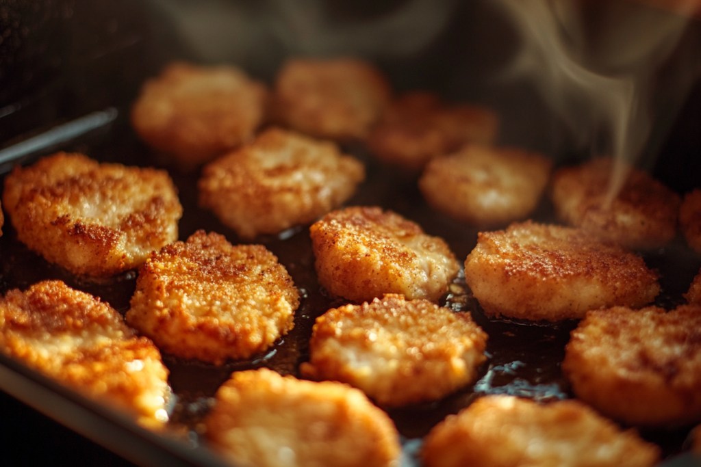 Flipping chicken nuggets in an air fryer basket