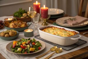 A warmly lit dinner table with a spread of delicious dishes, including a casserole, salad, roasted vegetables,