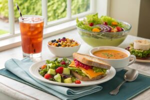 A colorful lunch table with a fresh salad, a hearty sandwich, soup, and iced tea, set in a bright and airy atmosphere