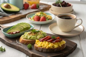 An inviting breakfast spread on a sunny kitchen table with pancakes, fresh fruit, scrambled eggs, toast, a smoothie, and coffee