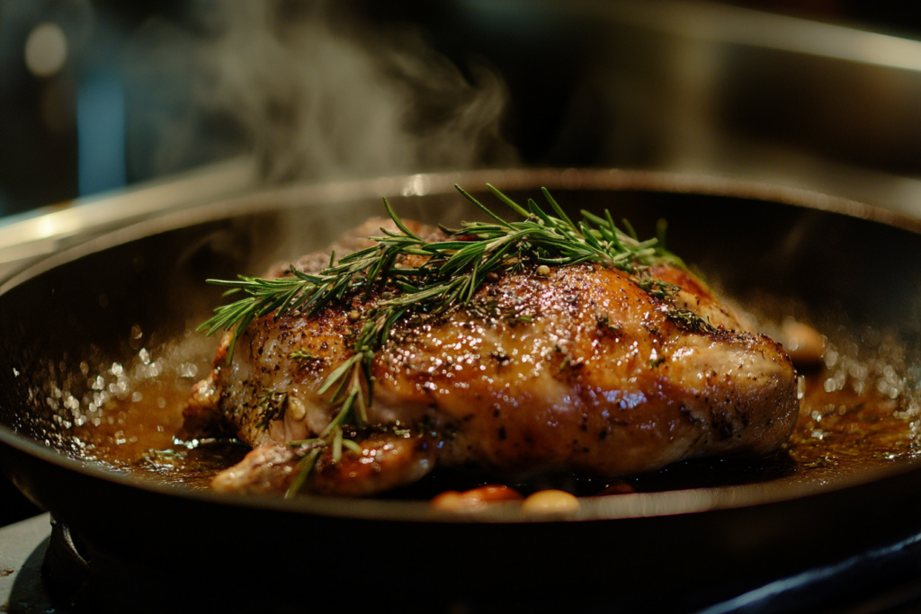 Whole roasted wild turkey on a serving platter garnished with herbs