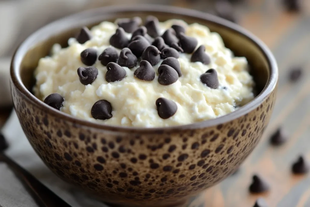 Bowl of cottage cheese cookie dough with chocolate chips