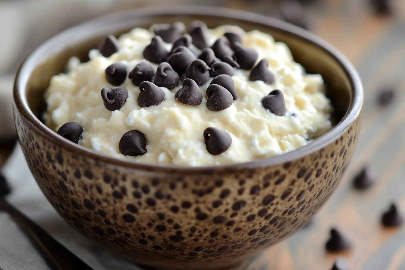 Bowl of cottage cheese cookie dough with chocolate chips