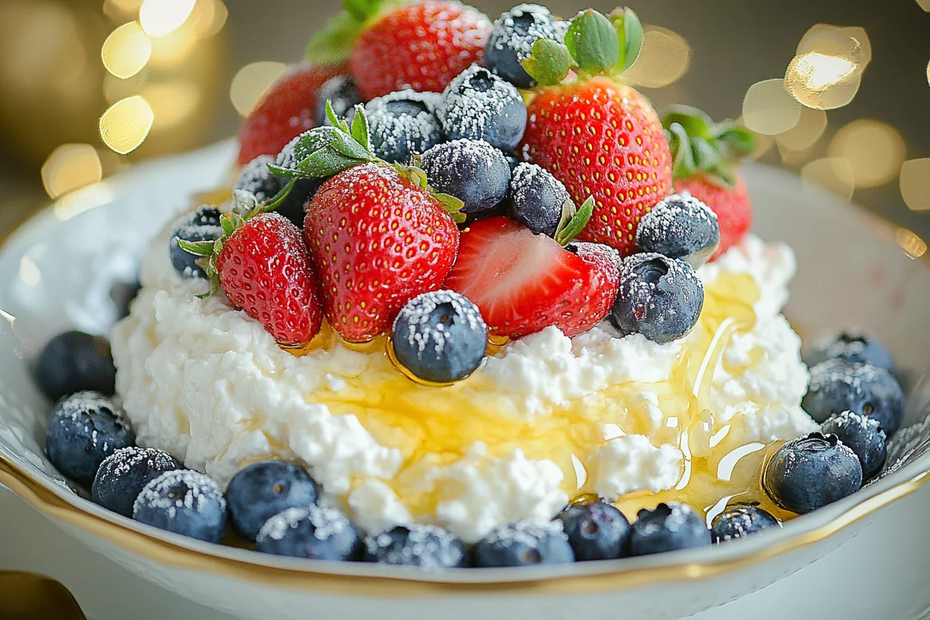 Bowl of cottage cheese with fresh berries and honey drizzle. How Do You Enjoy Cottage Cheese?