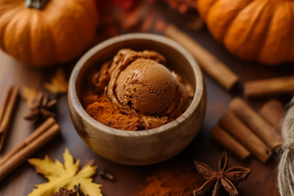 u8635464461 A bowl of creamy pumpkin pie ice cream featuring 9b0ea285 0299 4202 9cbd 816e20c1863c 1 Pumpkin Pie Ice Cream