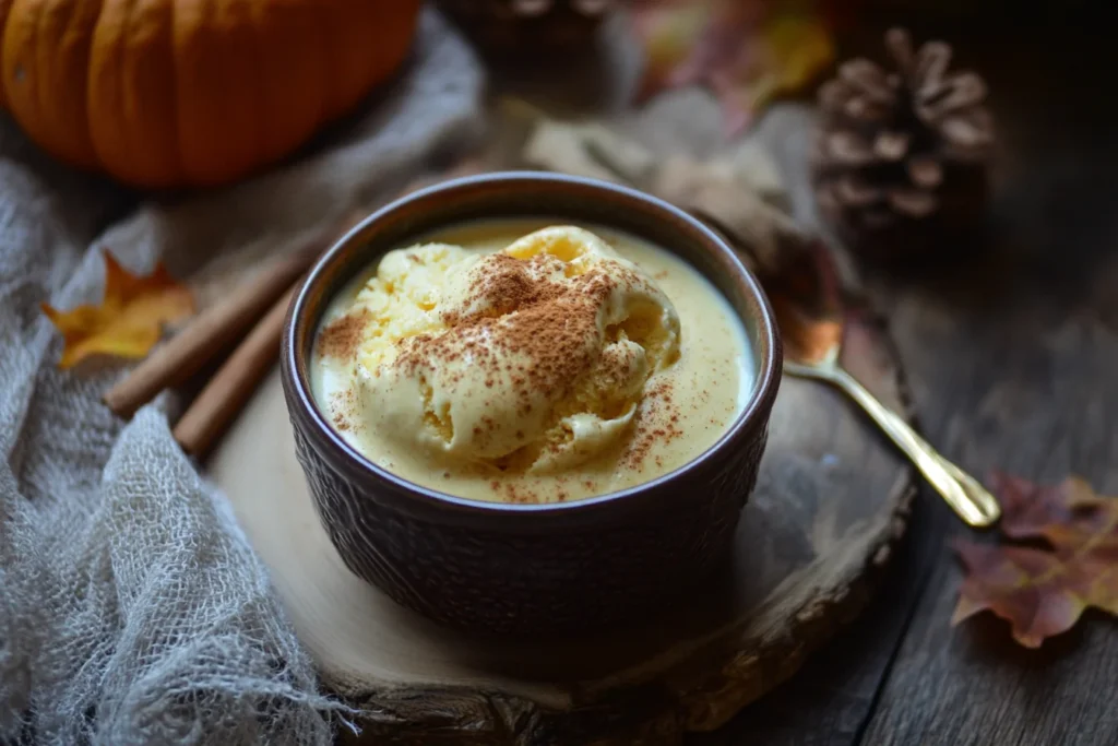 Pumpkin pie ice cream scooped in a bowl with a cinnamon stick