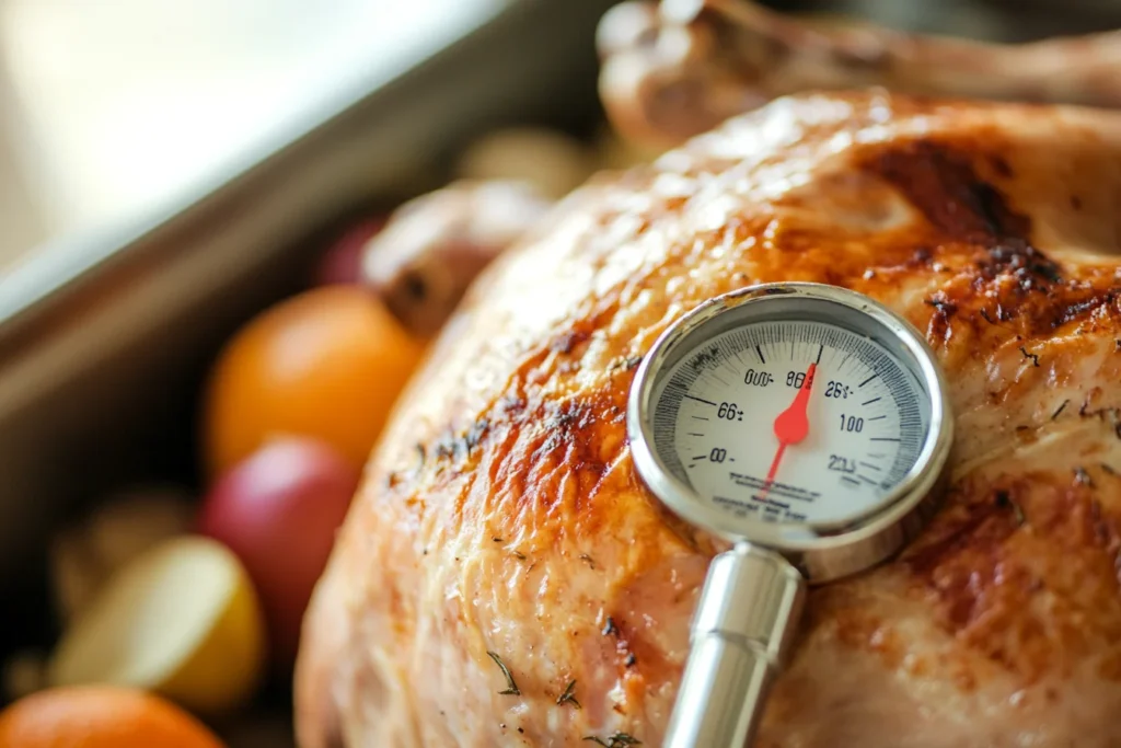 u8635464461 A close up of a cooked turkey with a thermometer af05732b 8fbf 403d b679 864a79274420 1 Is Turkey Done at 165 or 180?