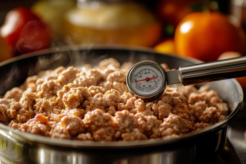 Cooked ground turkey with a meat thermometer showing 165°F. Can You Eat Ground Turkey at 160?