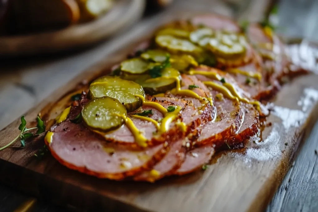 Sliced turkey pastrami on a wooden board with mustard and pickles. Is Turkey Pastrami Already Cooked?