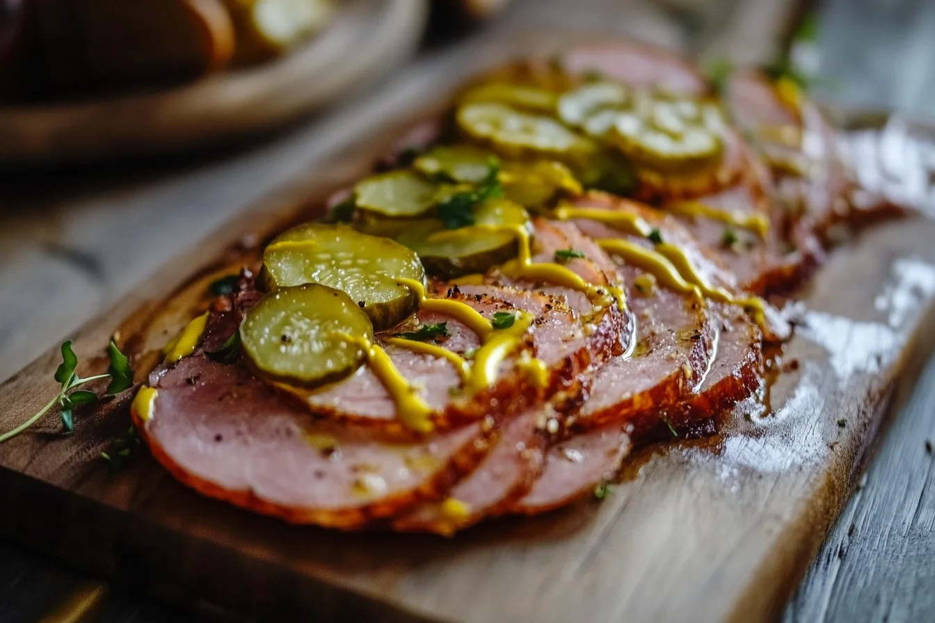 Sliced turkey pastrami on a wooden board with mustard and pickles. Is Turkey Pastrami Already Cooked?