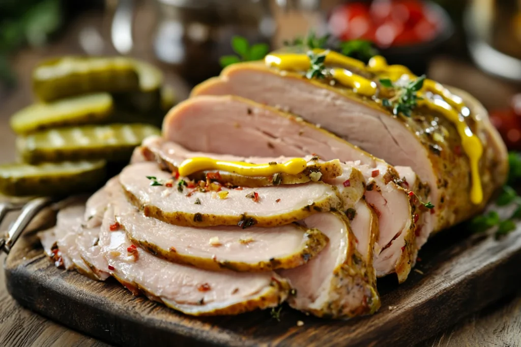 u8635464461 A close up of sliced turkey pastrami on a cutting 265a81e4 fa56 41ae 8261 08ac2eb1ee92 3 Is Turkey Pastrami Already Cooked?