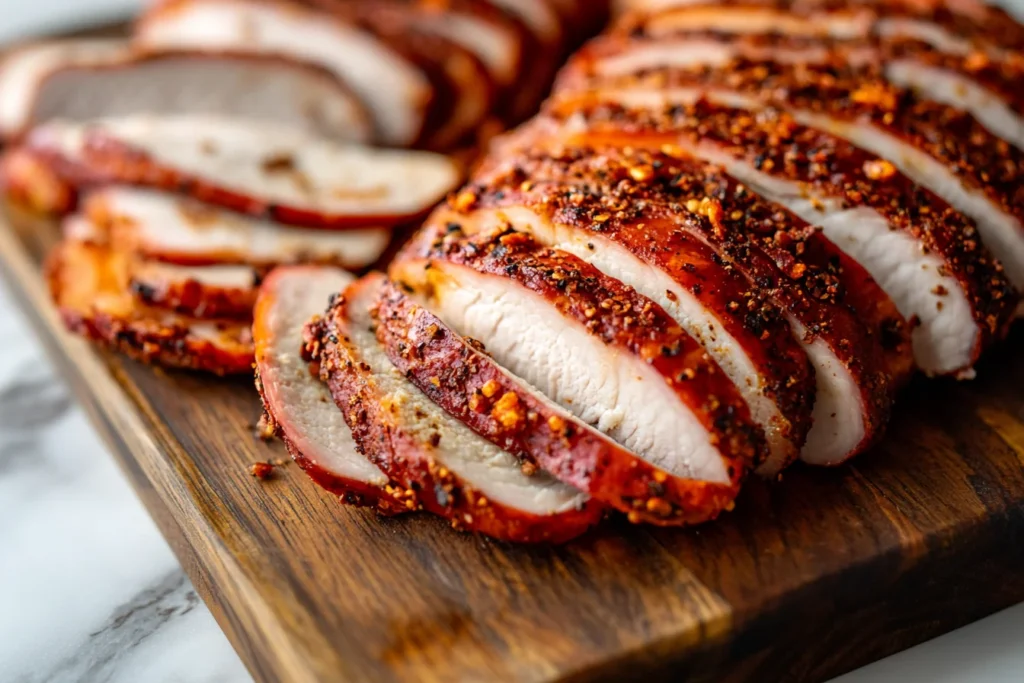 u8635464461 A close up of sliced turkey pastrami on a wooden 483582b6 935c 4898 94c6 ad1d64e2ee5d 0 Is Turkey Pastrami Good to Eat?