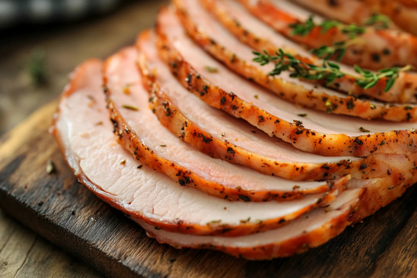 Sliced turkey pastrami on a wooden cutting board. Is Turkey Pastrami Good to Eat?