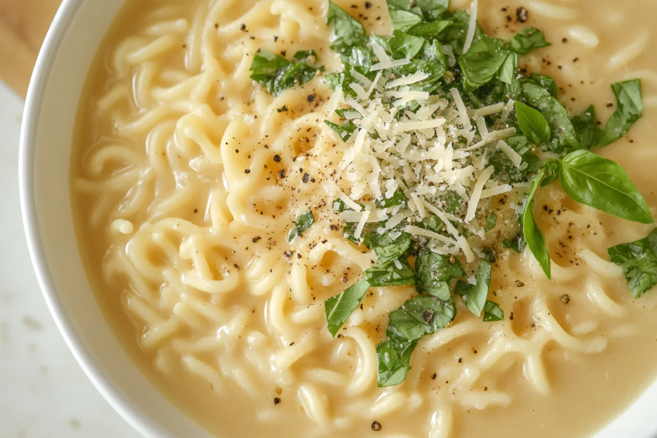 A bowl of pastina soup garnished with fresh herbs.