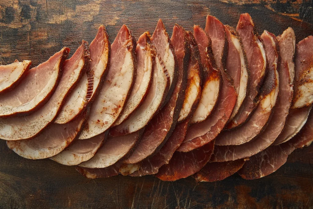 Can you eat turkey pastrami cold? Slices of turkey pastrami on a cutting board.