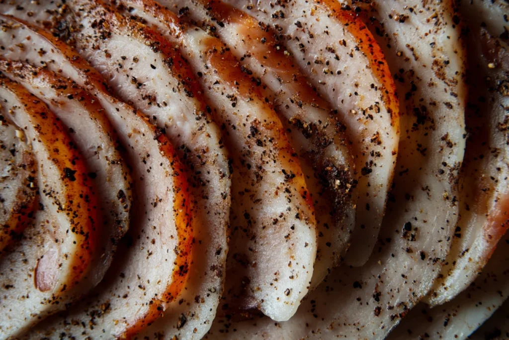 u8635464461 A close up overhead shot of thinly sliced turkey df2e85dd 4bb1 4825 b3b7 f24fe13a9a81 0 What Does Turkey Pastrami Taste Like?