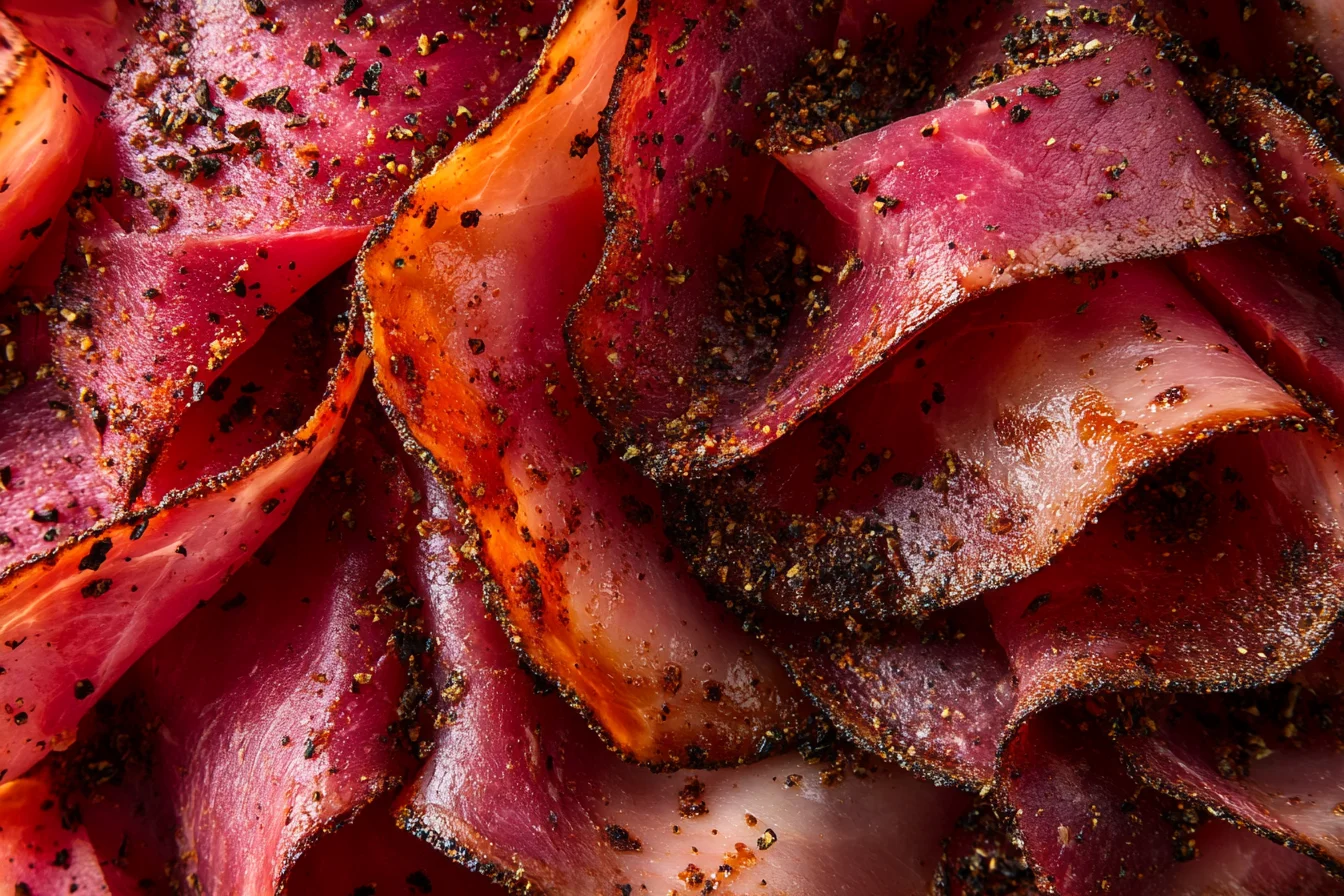Slices of turkey pastrami arranged on a wooden board showcasing its smoky seasoning