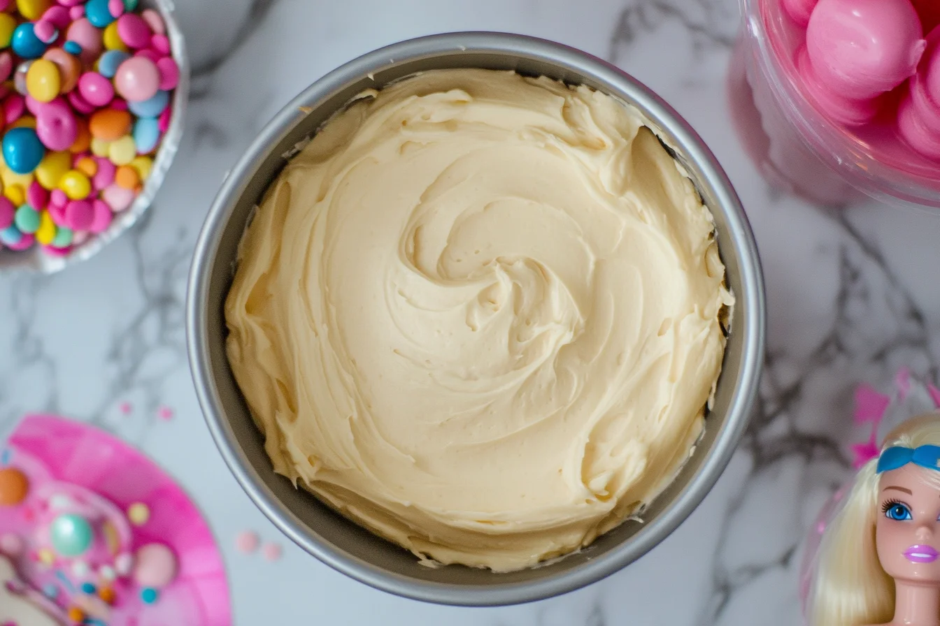 A dome-shaped Barbie cake pan filled with batter, illustrating how many cake mixes for Barbie cake pan?