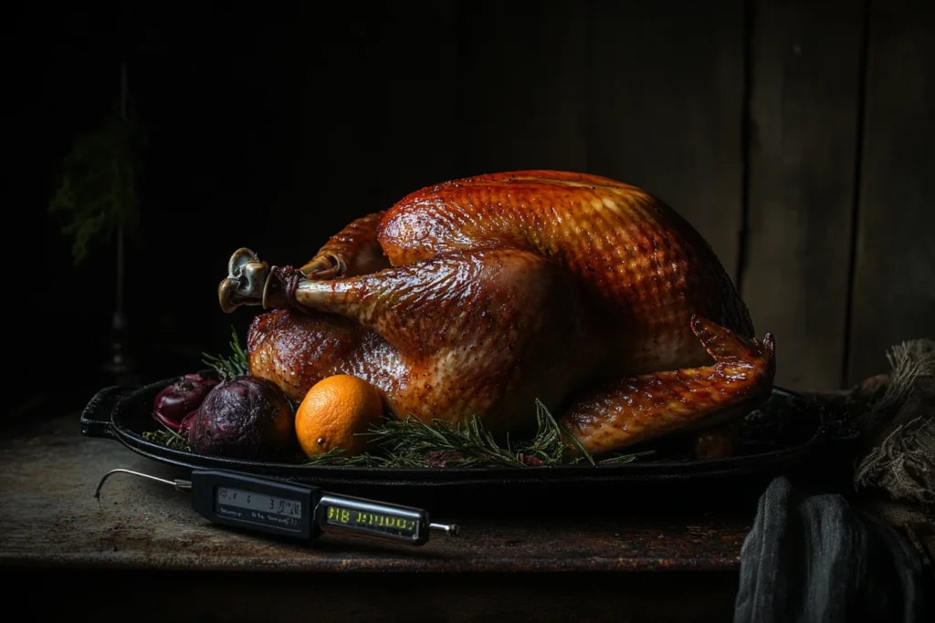 Checking the internal temperature of a roasted turkey with a meat thermometer. What Temperature Is a Turkey Done in Celsius