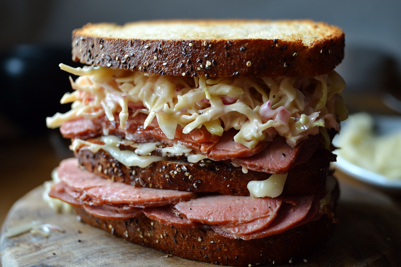 Turkey and pastrami sandwich on rye bread with coleslaw