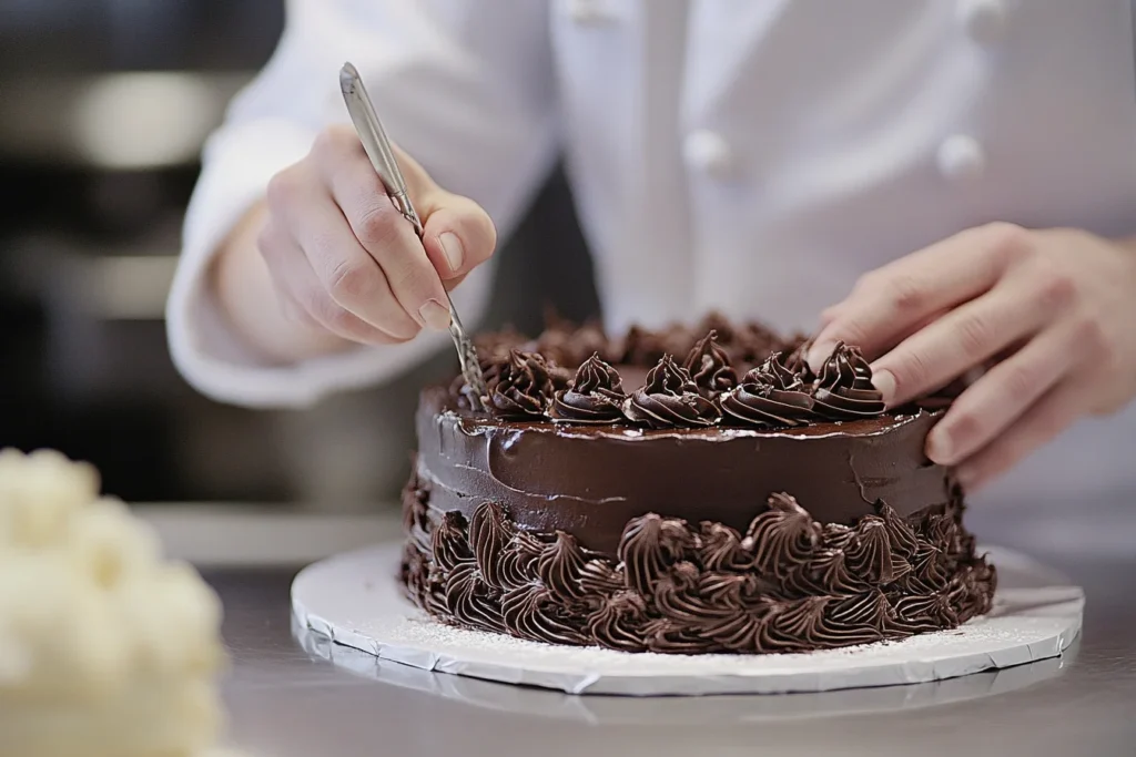 Pastry chef decorating a chocolate cake in a professional kitchen. How to Be a Dessert Chef?