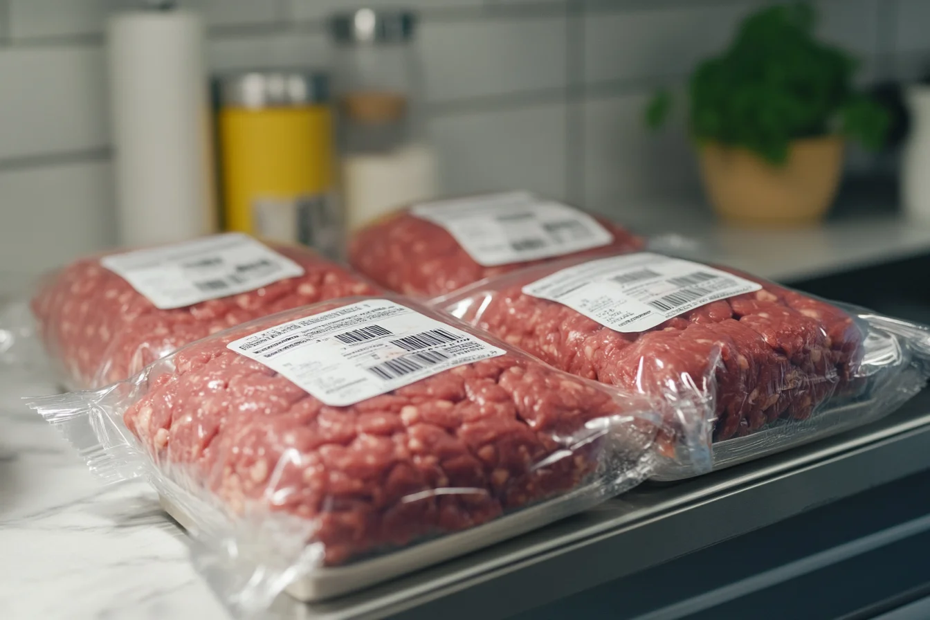 Fresh ground beef packaging during a ground beef recall Title: Packaged Ground Beef Under Inspection