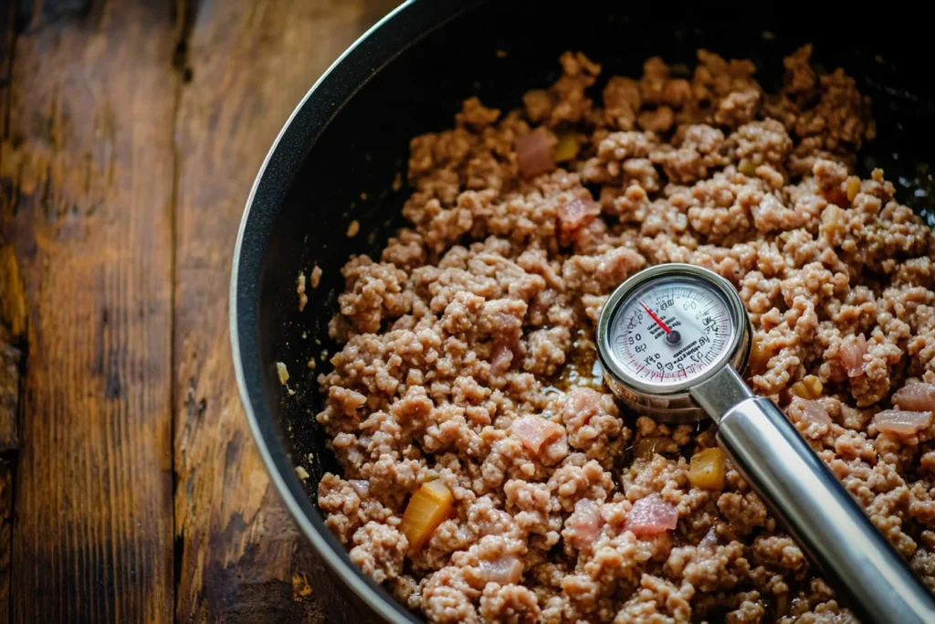 u8635464461 A skillet of cooked ground turkey with a thermome db63a924 2dbf 4482 a9bb 8055c38742cf 0 Ground Turkey Temperature: A Comprehensive Guide to Proper Cooking and Safety