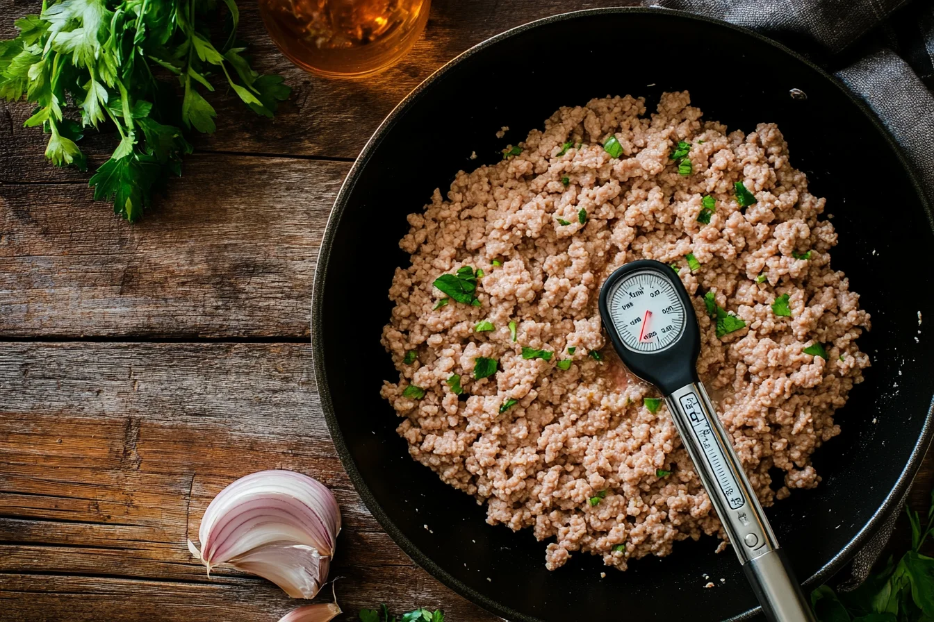 Ground turkey in a skillet with a meat thermometer reading 165 degrees. Ground Turkey Temperature