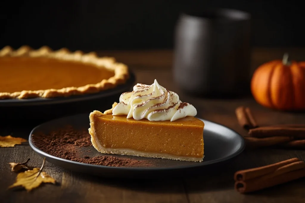 Slice of pumpkin pie topped with whipped cream on a plate. Is Pumpkin Pie Healthy or Unhealthy?