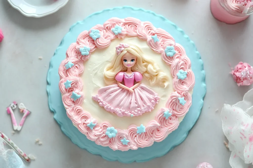 How many people will a Barbie cake feed? Brightly iced Barbie cake on a wooden table.